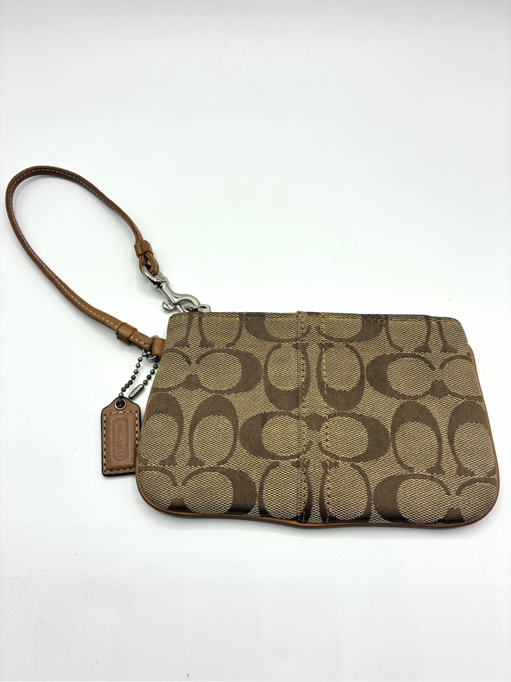 Coach Signature Jacquard Brown Khaki Wristlet Pouch Wallet Y2K
